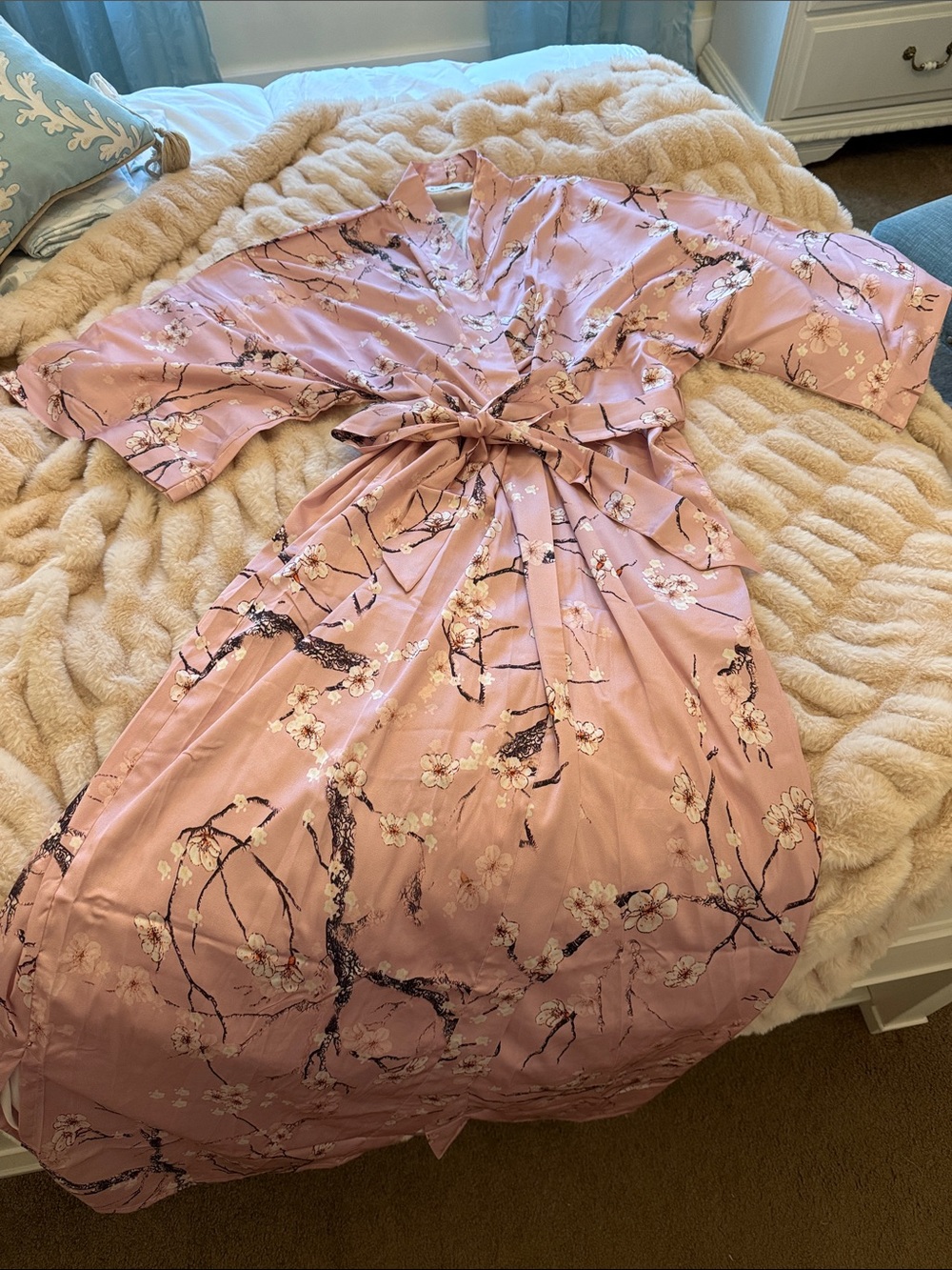 Kimono Style Blush Pink Floral Satin Robe with Tie Waist